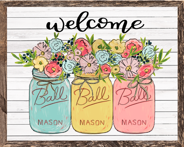 Welcome Floral Mason Jar Sign, Wreath Sign Attachment, Rustic Sign. Spring Decor, Farmhosue