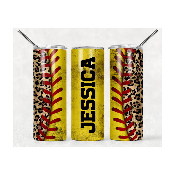 Personalized with Name Worn Leopard Softball Player 20 oz Skinny Tumbler, Cup