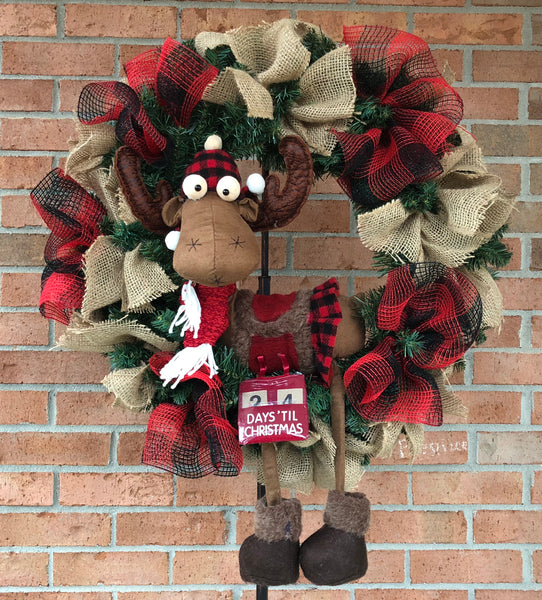 Rustic MOOSE Christmas Mesh Outdoor Front Door Wreath; Door Hanger, Wall Decor