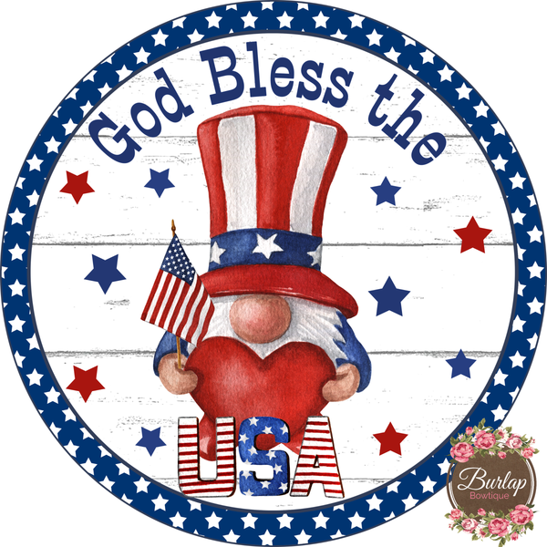 Gold Bless the USA Gnome Patriotic Sign, Summer Sign, Wreath Supplies, Wreath Attachment, Wreath Center
