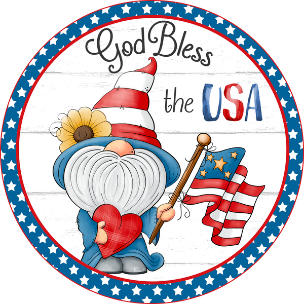 Gold Bless the USA Gnome Patriotic Sign, Summer Sign, Wreath Supplies, Wreath Attachment