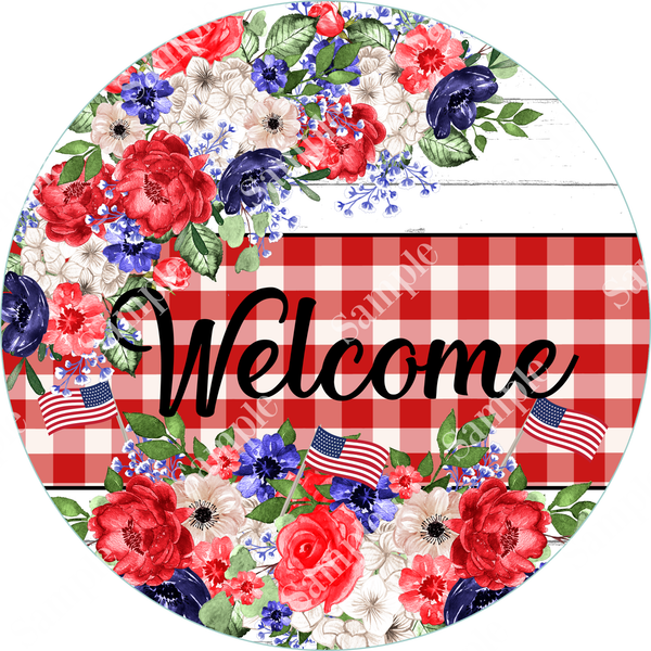 Welcome Floral Patriotic Sign, Door Hanger, Wreath Sign, Tray Decor