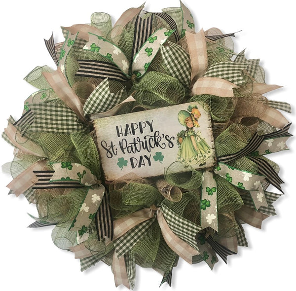 Vintage Happy St. Patrick's Day Shamrock Wreath, Rustic St. Patrick's Day Decor, Door Hanger, Farmhouse Decor