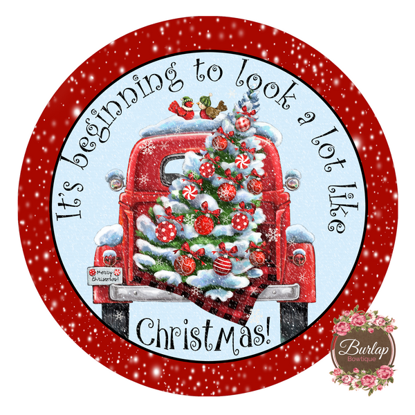 Vintage Christmas Truck and Tree Sign, Wreath Supplies, Wreath Attachment, Door Hanger, Wreath Sign