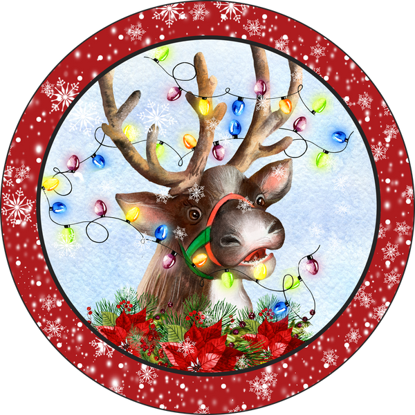 Reindeer Tangled in Lights Winter Christmas Sign, Christmas Decor, Door Hanger, Wreath Sign