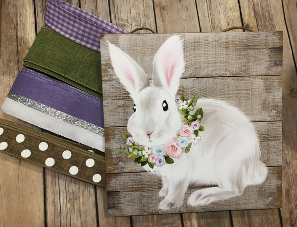 Rustic Bunny Sign and Ribbon Kit,  Spring Easter Rabbit Wreath Kit, Wreath Supplies