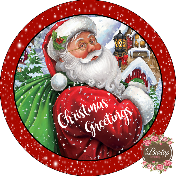 Christmas Greetings Santa Sack Sign, Wreath Supplies, Wreath Attachment, Door Hanger, Wreath Sign