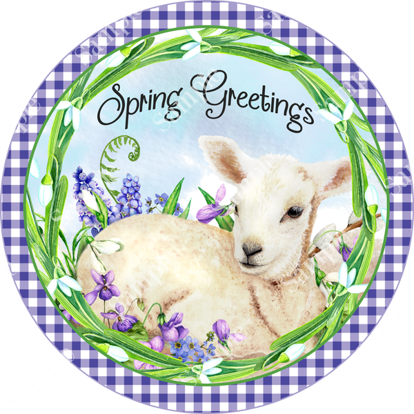 Spring Greetings Easter Lamb Sign, Spring Sign, Door Hanger, Wreath Sign