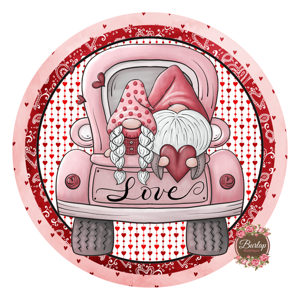 Love Gnome Truck Valentine Sign, Valentine Decorations, Door Hanger, Wreath Sign