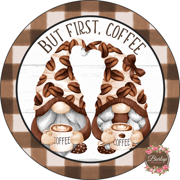 But First Coffee Gnome Sign, Wreath Supplies, Wreath Attachment, Door Hanger, Wreath Sign