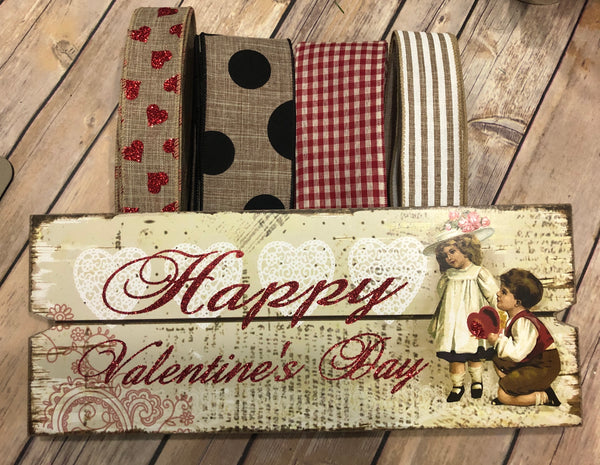 Vintage Valentine Sign and Ribbon Kit,  Valentine Wreath Kit, Wreath Supplies