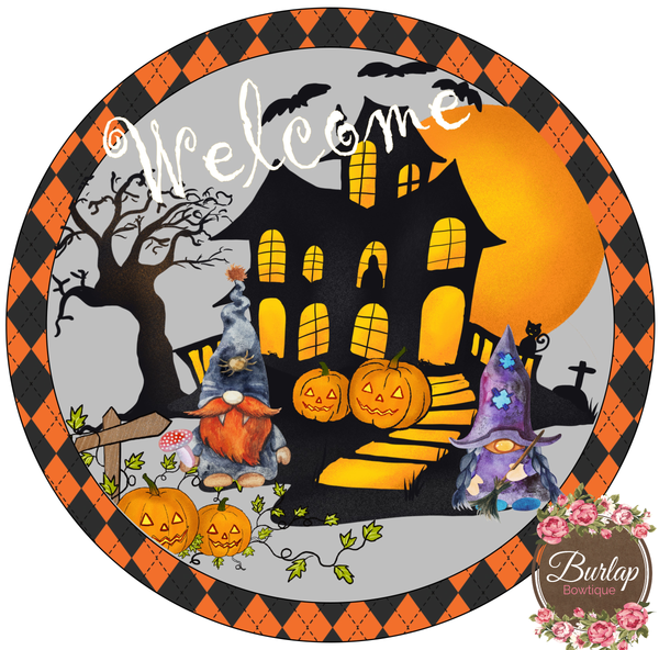 Welcome Haunted House Gnome Halloween Sign, Wreath Supplies, Wreath Attachment, Door Hanger, Wreath Sign
