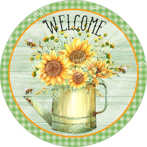 Welcme Sunflower Watering Can Sign, Summer Door Hanger, Wreath Sign