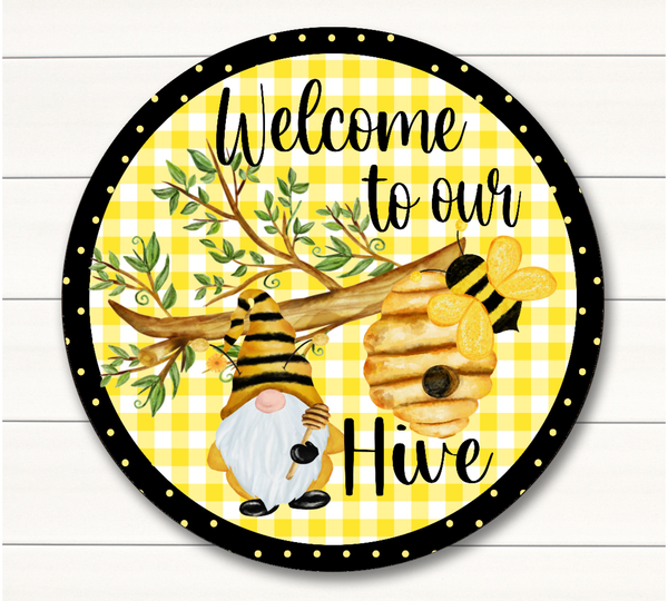 Spring Bee Gnome Sign,  Welcome To Our Hive Sign, Wreath Sign Attachment, Rustic Sign