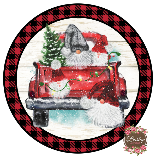 Winter Gnomes in Truck Christmas Sign, Wreath Supplies, Wreath Attachment, Door Hanger, Wreath Sign
