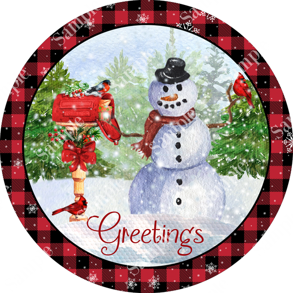 Greetings Winter Snowman Sign, Christmas Decor, Door Hanger, Wreath Sign