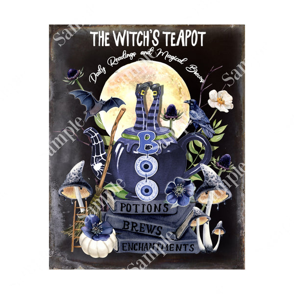 The Witch's Teapot Vintage Halloween Sign, Wreath Sign Attachment, Rustic Sign. Summer Decor, Farmhouse