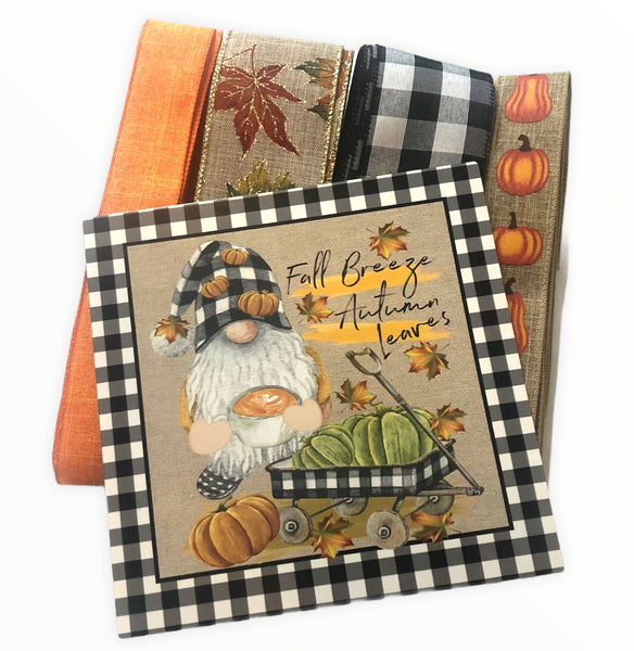 Fall Leaves Gnome Sign and Ribbon Combo Kit, Autumn Wreath Kit, Wreath Supplies