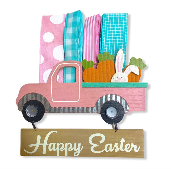 Pink Vintage Easter Bunny Truck Sign and Ribbon Kit,  Easter Spring Wreath Kit, Wreath Supplies