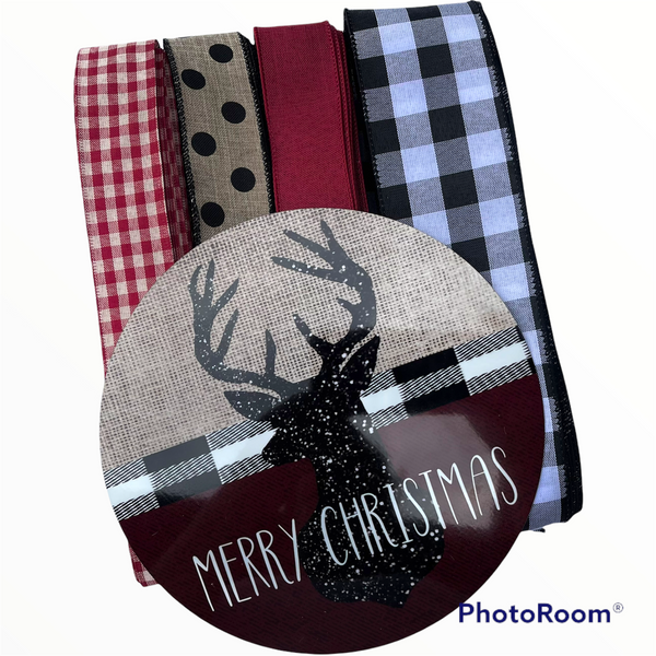 Merry Christmas Deer Sign and Ribbon Combo Kit, Christmas Wreath Kit, Wreath Supplies