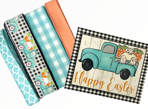 Happy Easter Vintage Truck Bunny Sign and Ribbon Combo Bundle, Easter Craft Supplies, Wreath Supplies