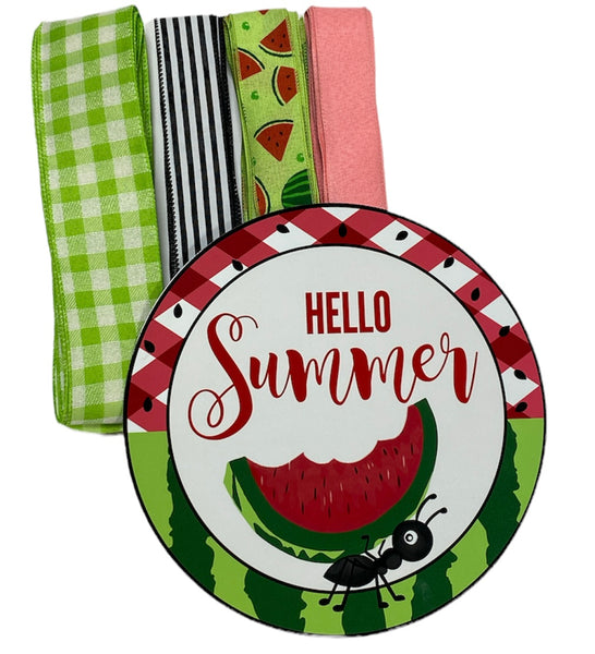 Hello Summer Watermelon Sign and Ribbon Combo Bundle, Spring Craft Supplies, Wreath Supplies