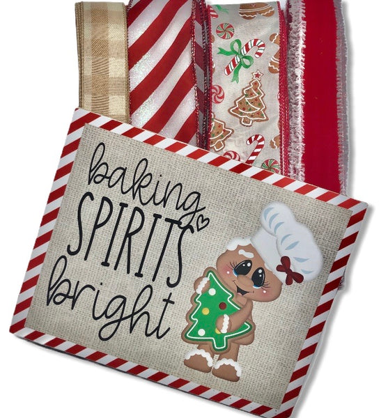 Gingerbread Christmas Sign and Ribbon Kit,  Christmas Wreath Kit, Wreath Supplies