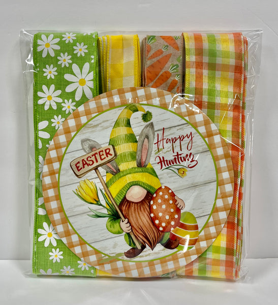 Happy Hunting Easter Gnome Sign and Ribbon Combo Bundle, Christmas Wreath Kit, Wreath Supplies
