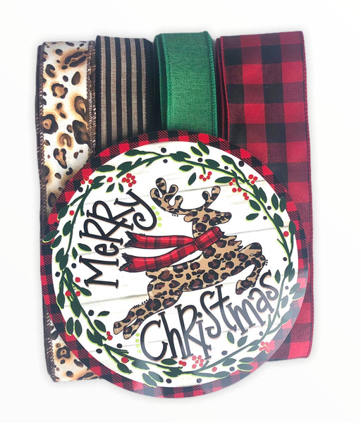 Leopard Reindeer Sign and Ribbon Combo Kit, Christmas Wreath Kit, Wreath Supplies