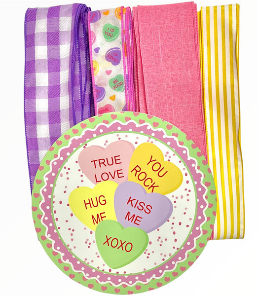 Valentine Candy Hearts Sign and Ribbon Combo Bundle, Wreath Supplies,