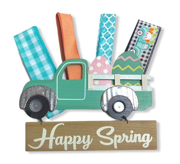 Aqua Vintage Easter Bunny Truck Sign and Ribbon Kit,  Easter Spring Wreath Kit, Wreath Supplies