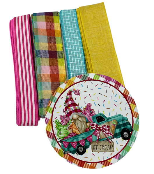 Ice Cream Truck Gnome Sign and Ribbon Combo Bundle, Spring Craft Supplies, Wreath Supplies