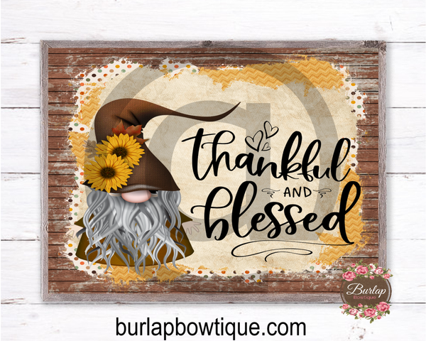 Thankful and Blessed Fall Gnome Sign, Wreath Sign Attachment, Rustic Sign, Farmhouse Decor